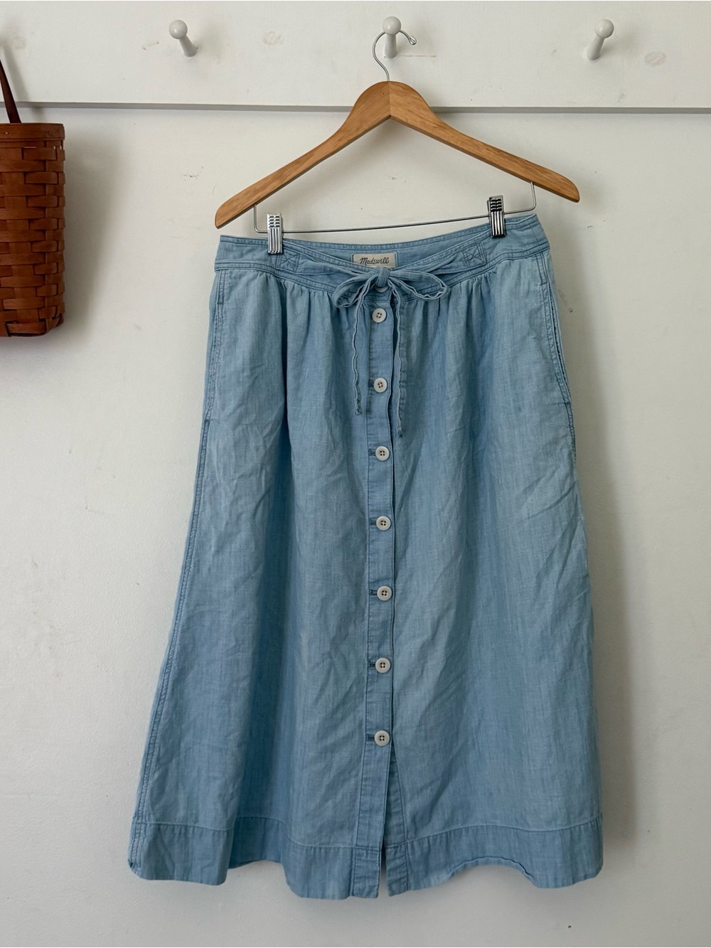 Light Blue Chambray Button-Front Midi Skirt with Tie Waist